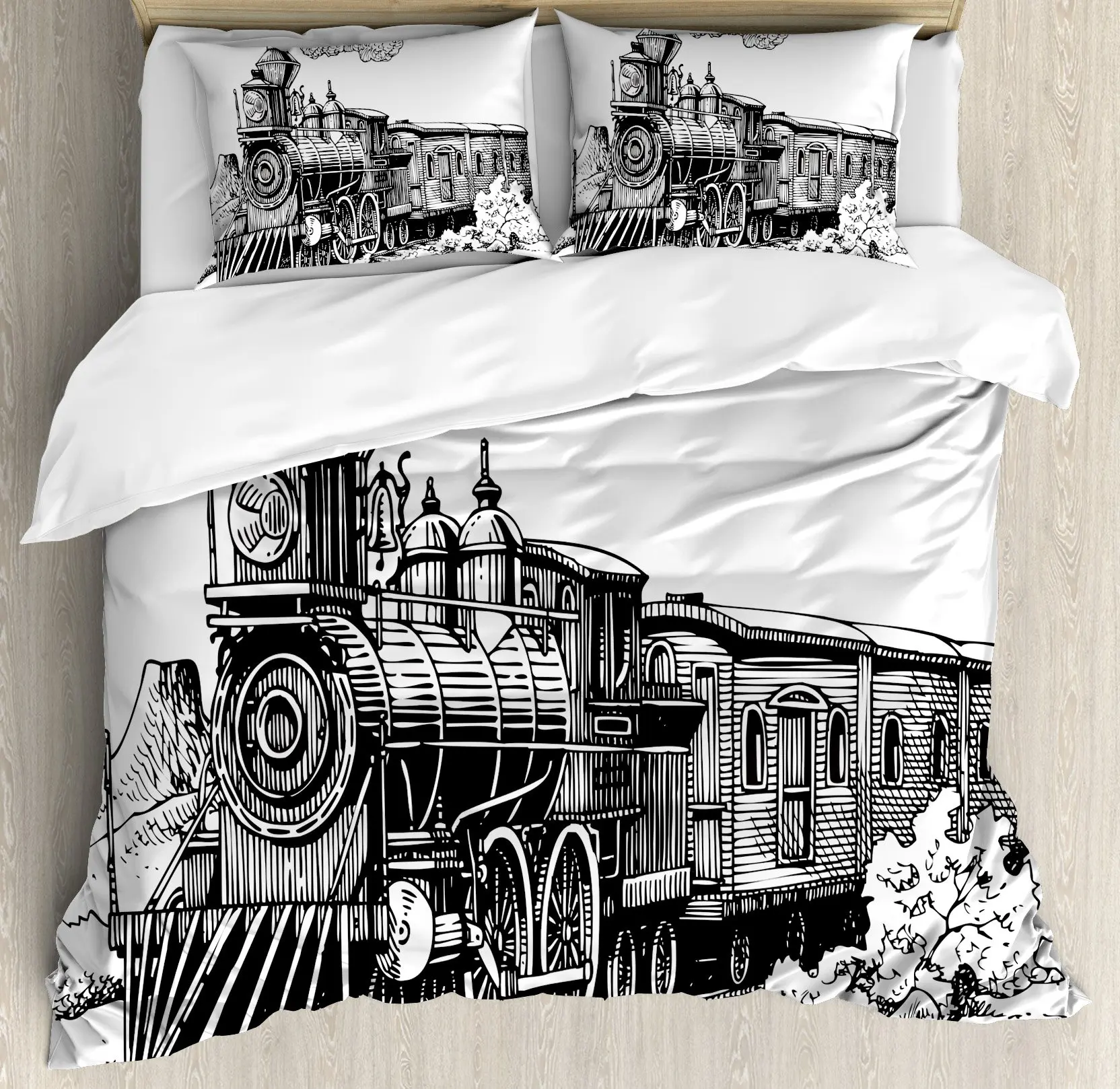 Steam Engine Duvet Cover Set King Size Rustic Old Train In Country Locomotive Wooden Wagons Rail Road Bedding Set for Teens Boys