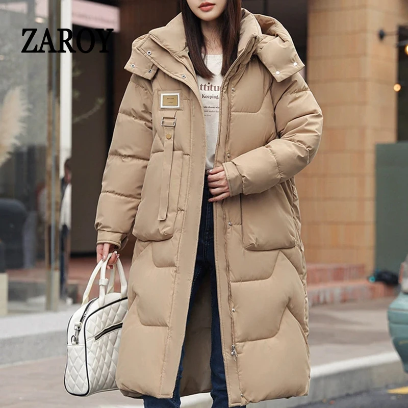 

ZAROY Women Long Parkas Coat Winter Hooded Overcoat Zipper Pockets Cotton-padded Windproof Warm Casual Loose Long Jacket кур