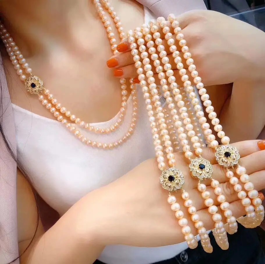 Charming Doble Strands 7-8mm Natural South Sea Pink Pearl necklace 18-19 