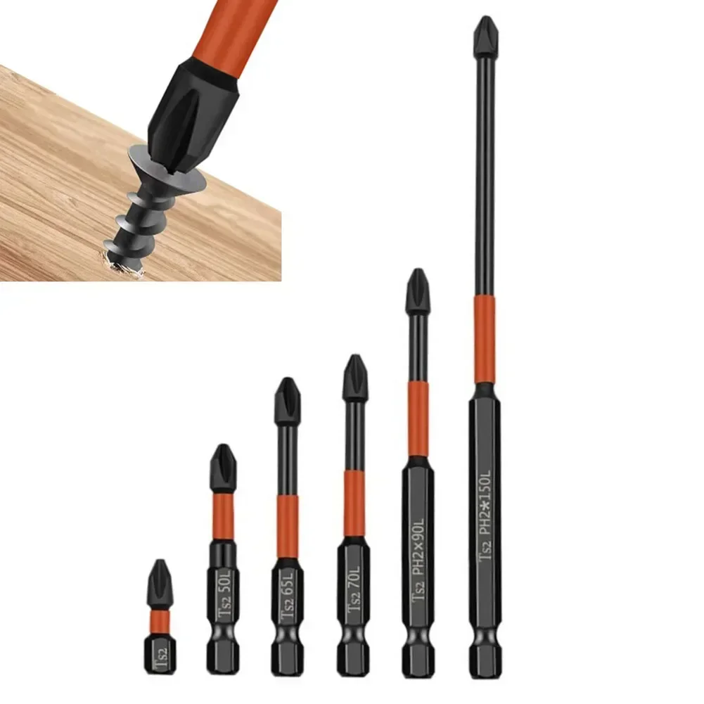 6PCS PH2 Screwdriver Bit Set 25-150mm 1/4" Hex Shank Phillips Magnetic Batch Head Screwdriver Drill Bits