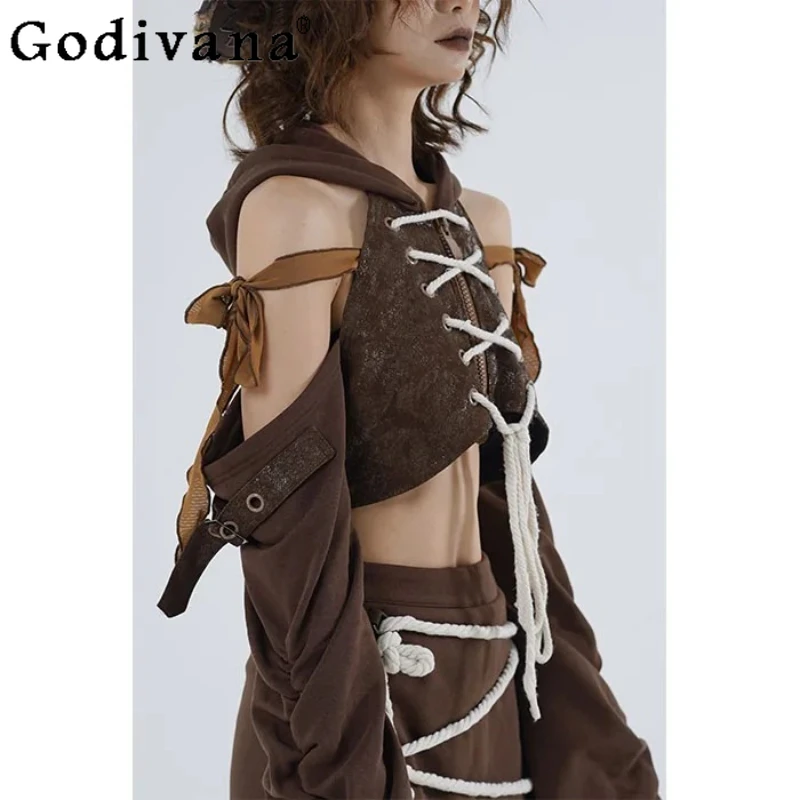 

Personalized Sweet Cool Autumn Long Sleeve Irregular Lace-up Short Hoodie Girls High Waist Versatile Age-reducing Short Skirt