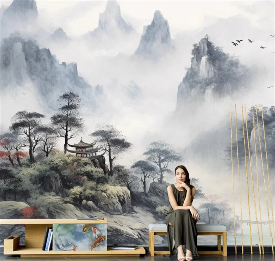 papier peint New Chinese ink landscape painting TV background wall paper living room sofa hotel 3d wallpaper bedroom mural