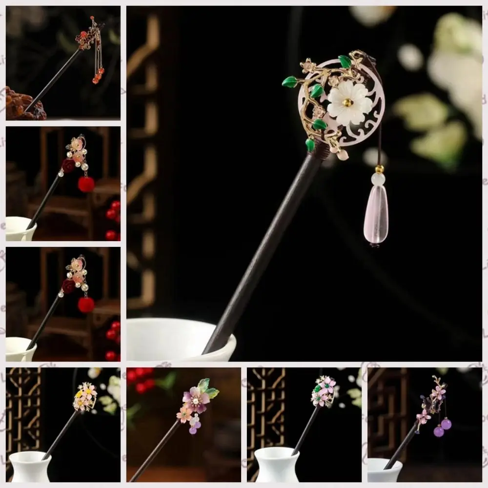 Jewelry Accessories Wooden New Chinese Hair Stick Flower Handmade Flower Hairpin Vintage with Tassel Hairpin Fork for Hanfu