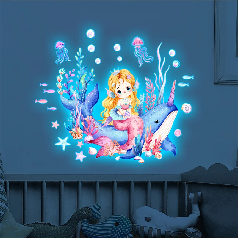 Blue Mermaid Princess Sticker Shines In The Dark Girl Bedroom Luminous Jellyfish Whale Bathroom Toilet Decor Ocean Glowing Decal