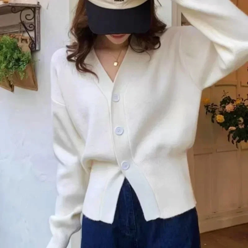 Solid Knitted Cardigan Women Spring Autumn Vintage Oversized V Neck Long Sleeve Sweater Chic Button Up Jacket Korean Y2k Tops