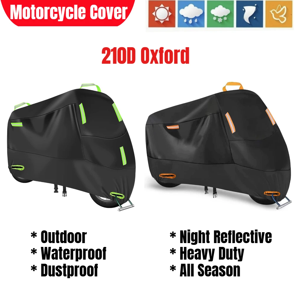 

Motorcycle Cover Heavy Duty Waterproof Outdoor Dustproof All Season 210D Oxford Fabric Night Reflective Green Strip Universal