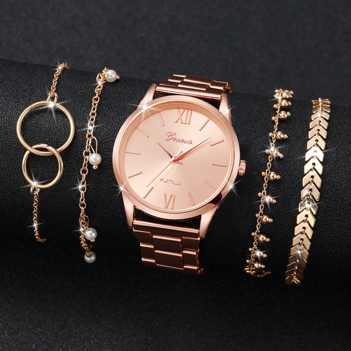 5PCS/Set Fashion Rhinestone Women\'s Watch Silver Alloy Band Analog Quartz Watches Bracelets Set