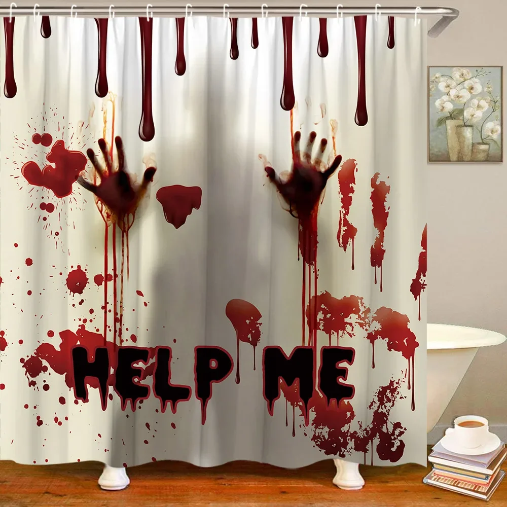 Halloween Horror Hell Hands Creative Shower Curtain Blood Handprints Bloody Waterproof Bathroom Curtain Punk Skulls Devil Decor