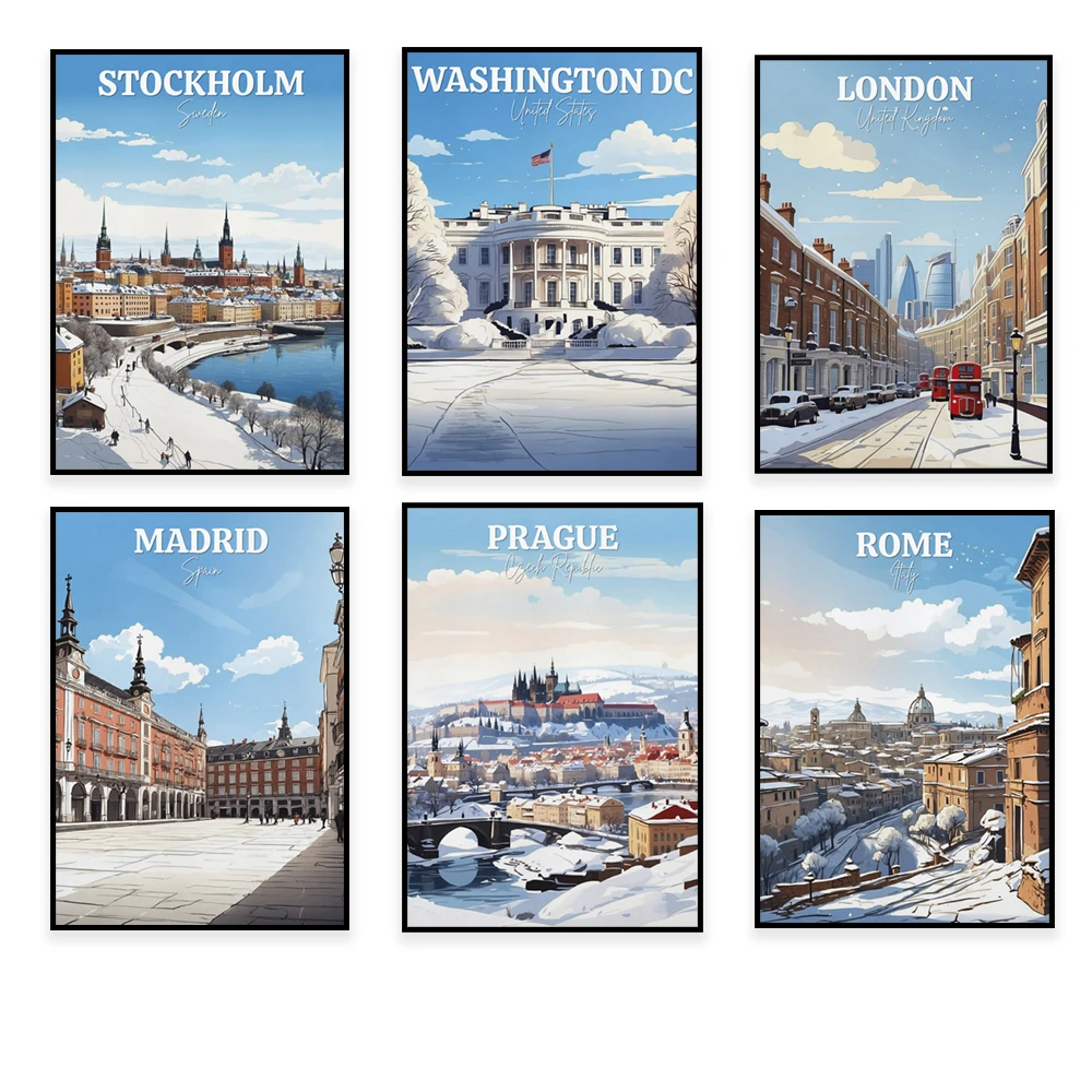 Winter travel posters for Warsaw, Stockholm, Toronto, Prague, Paris, Oslo, New York City, Madrid, London, Washington DC, Utrecht