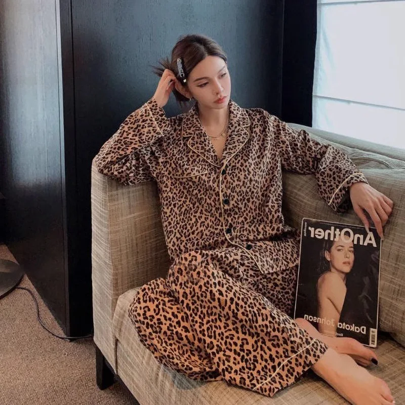 New Fashion Leopard Print Pajamas Women\'s Spring Long-sleeved Cardigan Europe and The United States Sexy Home Suit Ins Sleepwear