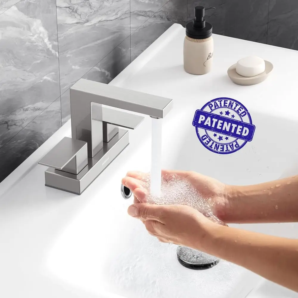 صنبور حوض من النيكل المصقول مقاس 4 بوصات مع خطوط تصريف وإمداد منبثقة، تركيبات زينة من الفولاذ المقاوم للصدأ بمقبضين، عبوتان #2