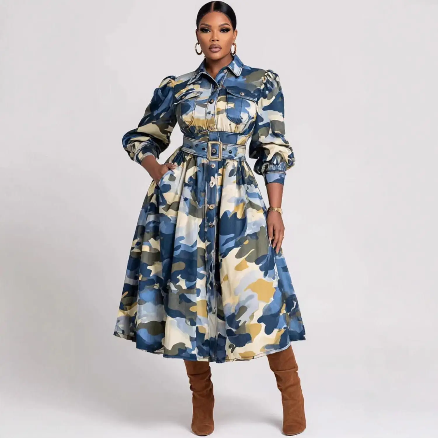 

Loose Faionable Camouflage Midi irt Autumn Winter New Arrival Women's Busin Casual Long Sve PU Leather irt