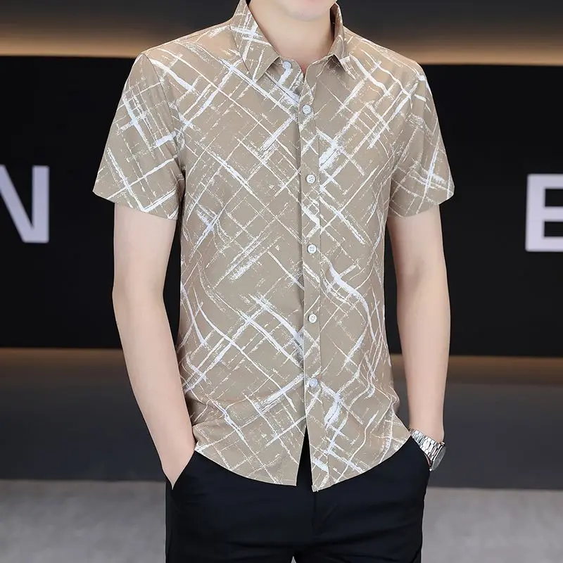 Mens Lapel Irregular Criss Line Print Slim Fit Short Sleeve Button Shirt