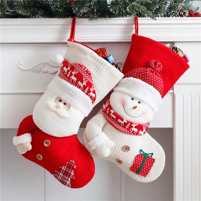 Large Red White Knitted Christmas Stocking Santa Claus Fireplace Decor Socks Xmas Gift Bags Candy Holder Decor for Home