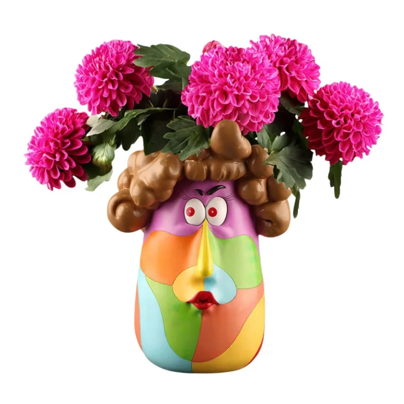 Colorful Cartoon Curly Hair Girl Vase, Garden Resin Art, Succulent Flower Pot Decoration, Home and Office Desktop Decoration