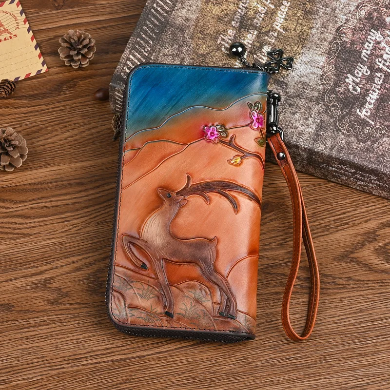 Retro wallet with a deer head holding top layer cowhide, long large-capacity mobile phone storage zipper wallet