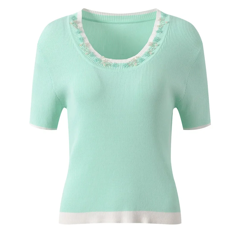 New Arrival O-Neck Pullover Short Sleeve Beading Knitted Cotton Tops