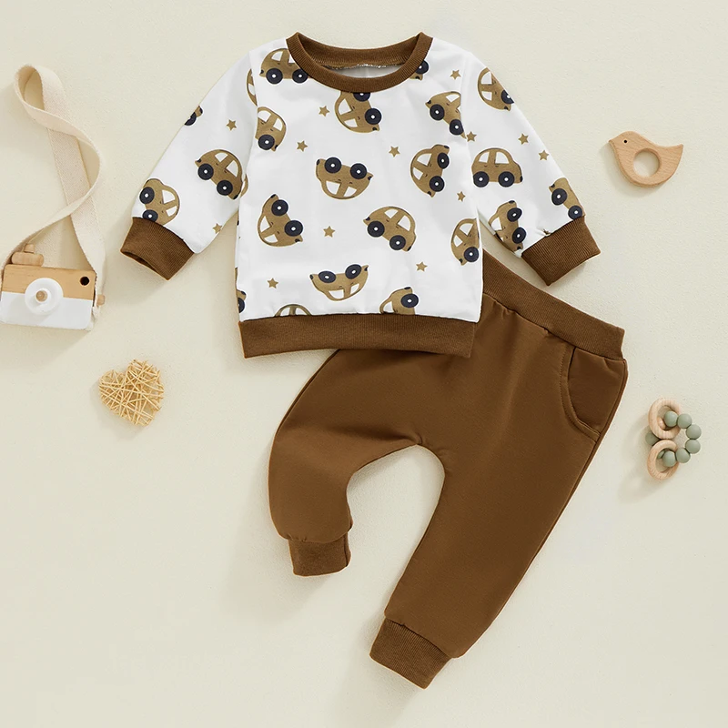 Young Children  Autumn Set  Coffee Colored Truck Printed Long Sleeved Sportswear And Pants  2-Piece Casual Set