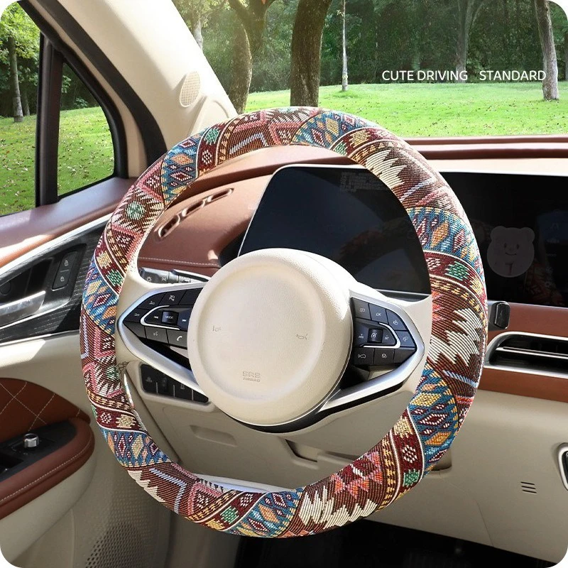 New Car Steering Wheel Cover Linen Ethnic Style Anti Slip Comfortable O-type D-type Car Handle Wrap Interior Decor Accessories