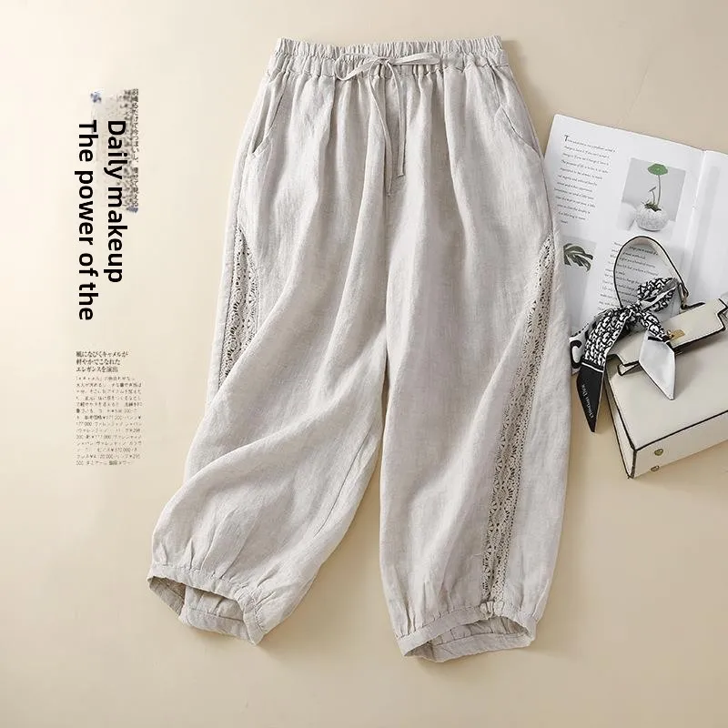 

Брюки женские повседневные из хлопка и льна, свободного кроя, с эластичным поясом, сшитые из семи частей, в стиле арт-дизайн, для женщин среднего возраста