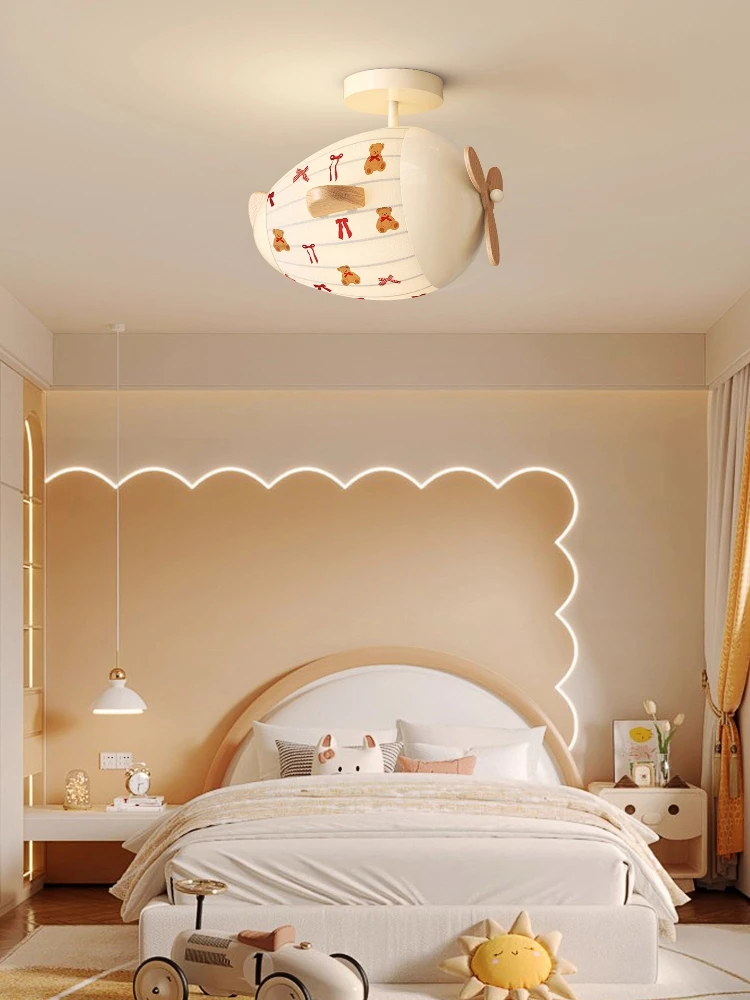 Children's room airplane ceiling light cream wind bedroom 2025 new eye protection light warm fan light