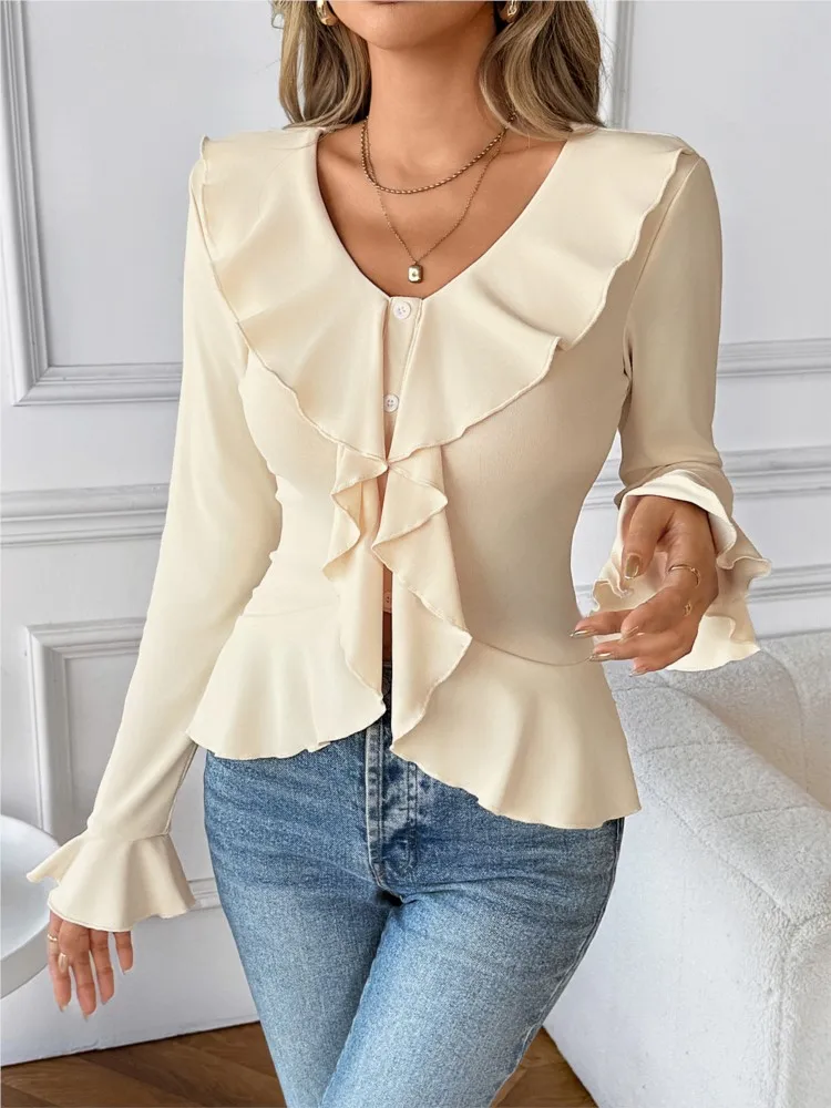 

All-match T Shirt Tees Long Sleeve Tops Blusas Pullover Casual Slim Ruffles Solid Color Lotus Leaf Sleeves Temperament Commuting