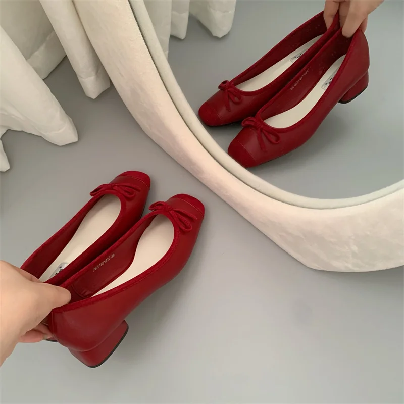 Fashion Elegant Red Ballerinas Women Pumps Slip on Loafers Round Toe Square Heels Bowknot Casual Spring Autumn Low Heel Shoes