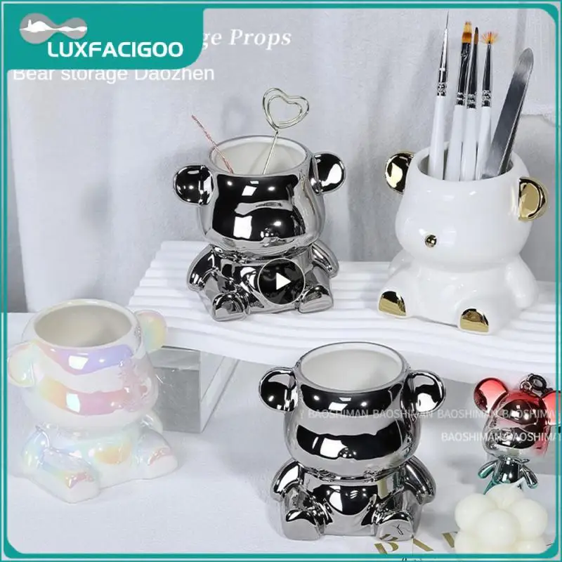 Desktop Organization Platinum Multiple Uses Cute Bear Dustproof And Moistureproof Beautiful And Fashionable Pen Holder Silver