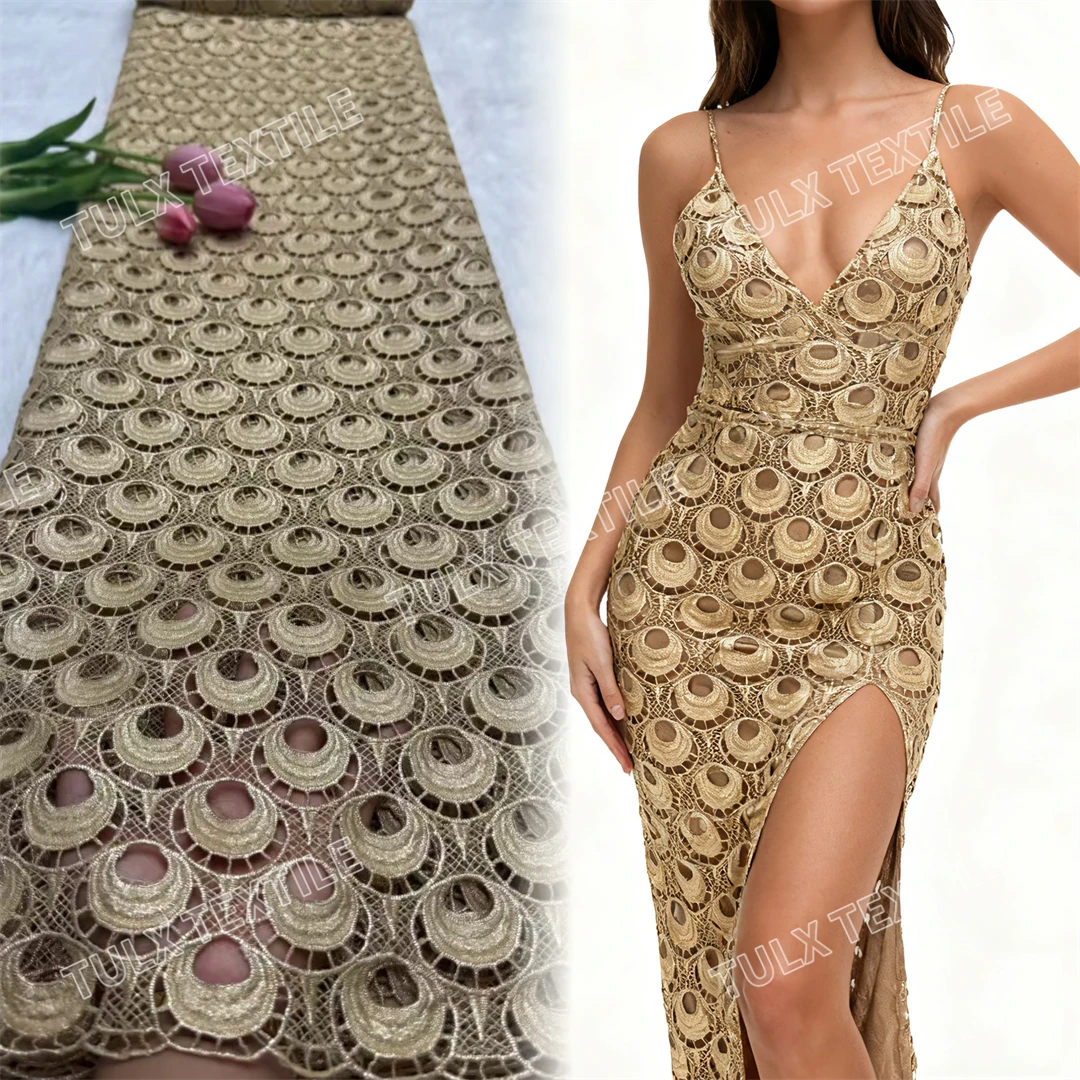 

African Lace Fabric 5 Yards High Quality 2026 Nigerian Cord Guipure Lace Fabrics Gold Water Soluble Fabric For Wedding Dress