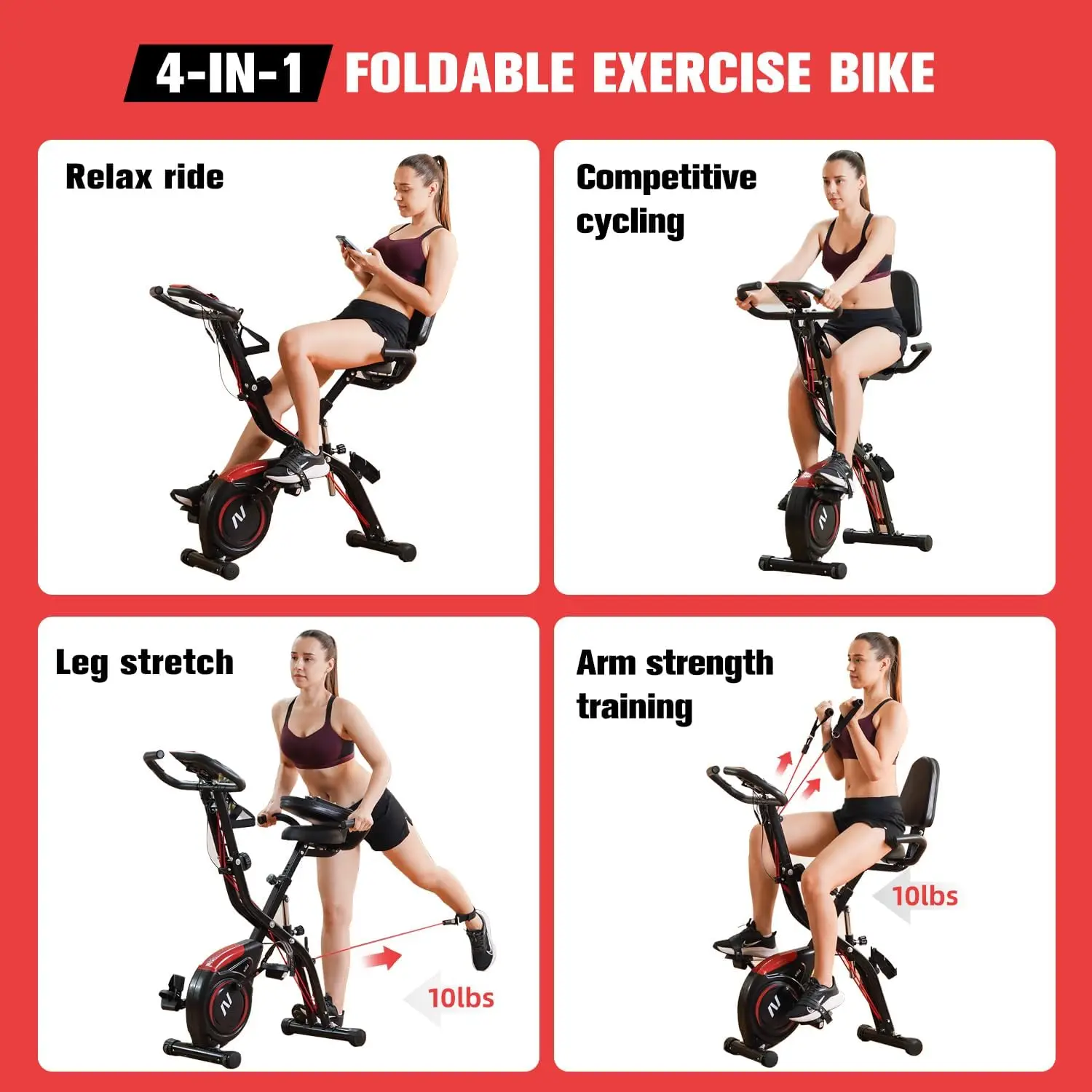 Exercise Bike with Arm & Leg Band, Foldable Stationary Bike for Seniors, Recumbent Exercise Bike for Home, Pluse Sensor, Back Re