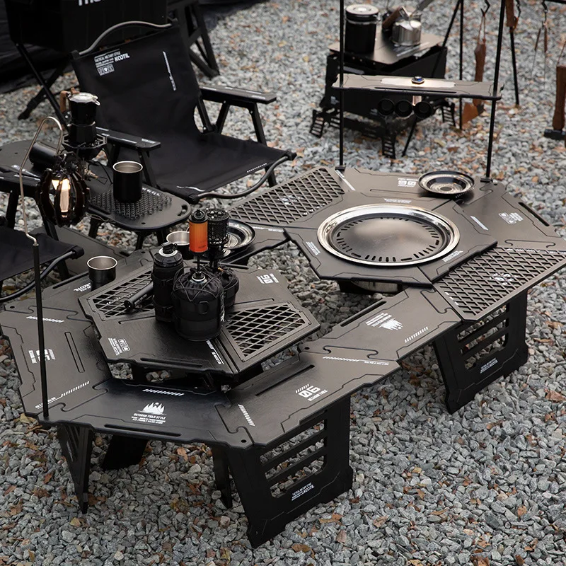 Outdoor stove  table, camping multi-functional sliding hexagonal round table