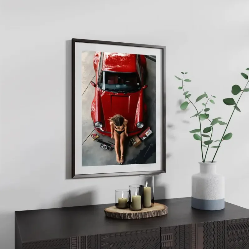 Retro Luxury Famous Brand Red Car and Sexy Woman Poster Sports Car Photography Canvas Painting Wall Art Garage Room Home Decor