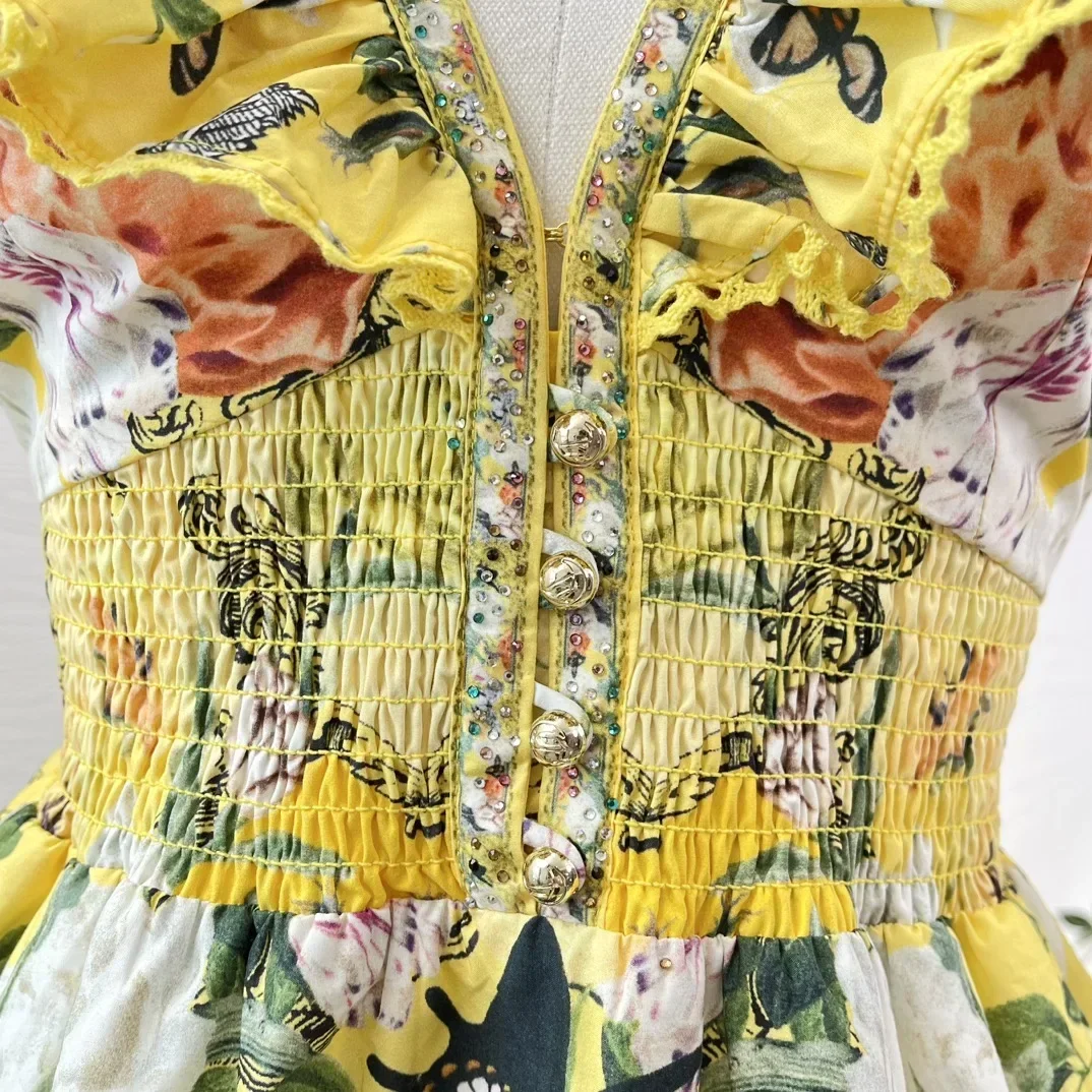 2025 New Yellow Floral Print Sleevless V Neck Diamonds Pressed Ruffles Cut Out Waist Women Mini Dresses for Holiday