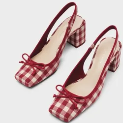 Nuove donne sandali con tacco grosso Retro punta quadrata Mary Janes décolleté scarpe Slingbacks primavera estate tacchi alti Baotou Plaid Shoes