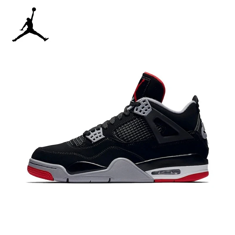 

NIKE Original Air Jordan 4 Retro Bred Bull Anti-Slip Wear-resistant Retro Basketball Shoes Black and Red Men's Leather Shoes