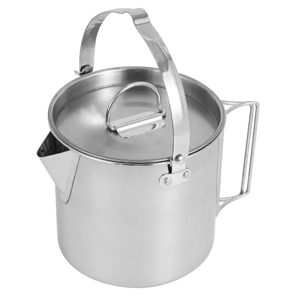 غلاية تخييم من الفولاذ المقاوم للصدأ ذات سعة كبيرة في الهواء الطلق، وعاء غليان الماء المحمول، غلاية شاي خفيفة الوزن للتخييم والمشي لمسافات طويلة