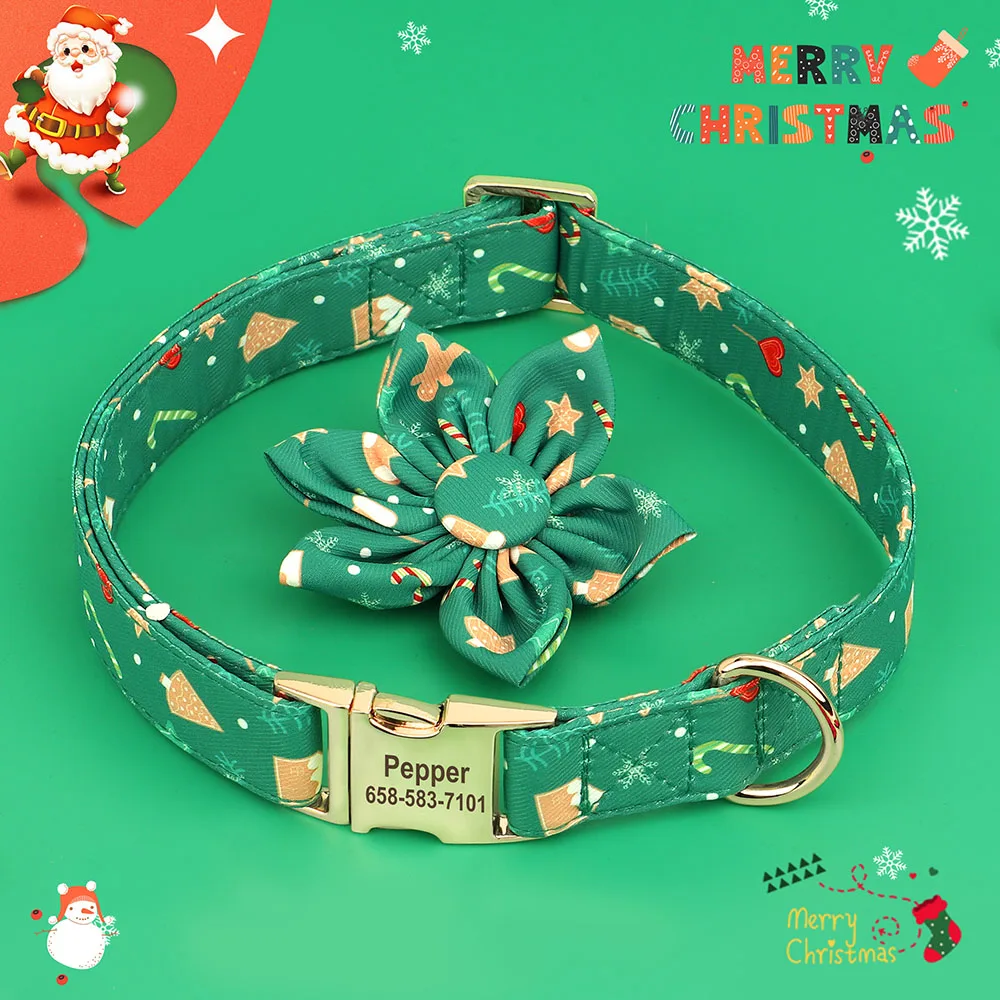 Personalized Christmas Dog Collar Customized Plaid Pet Collars With Flower Free Engraved Nameplate For Small Medium Large Dogs