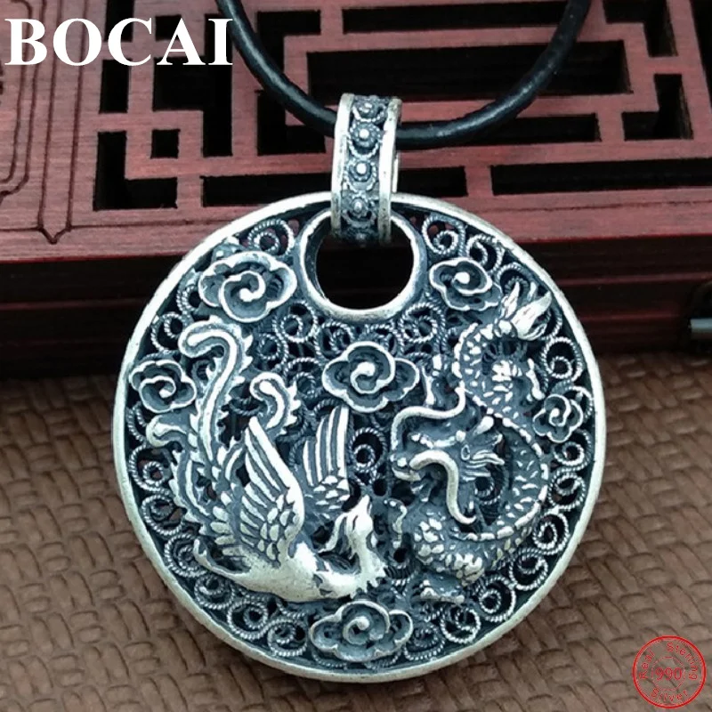 

BOCAI S990 Sterling Silver Women's Pendants for Women Men Matte Hollow Dragon Phoenix Retro Argentum Punk Jewelry Free Shipping