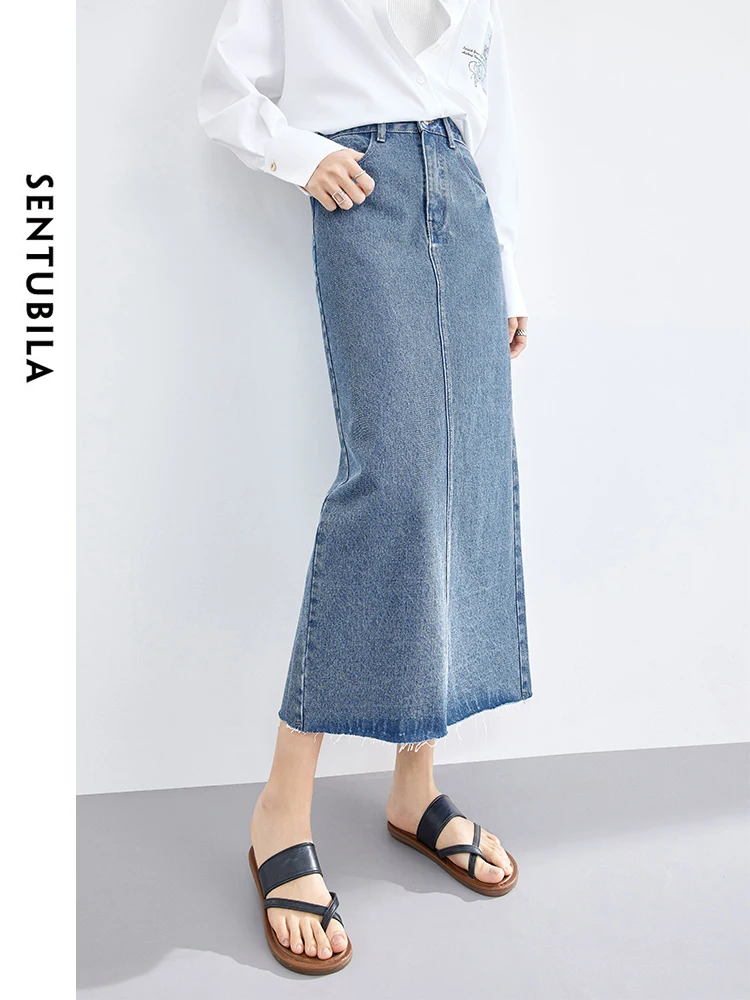 SENTUBILA Women Girl Cotton Denim Long Skirt Trend 2024 Spring Summer Straight Jeans Skirt with Slit Woman's Clothing W41Q53118