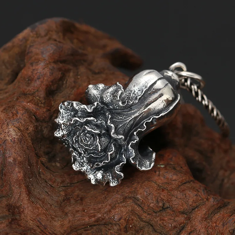 

S925 Sterling Silver Chinese Cabbage Pendant Black Color Old Process Unisex Vegetable Fine Jewelry FYNE408