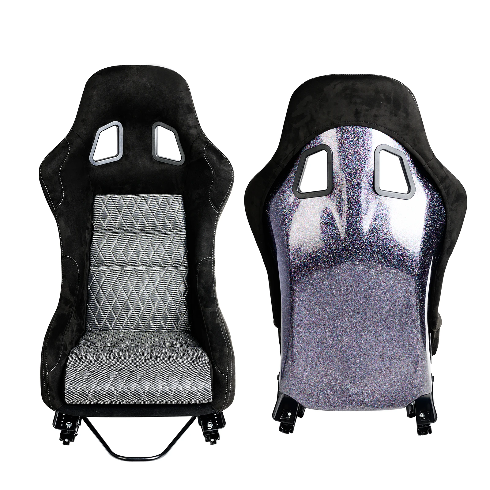 Size L 1PC of Universal Fiber Glass Racing Bucket Seat, Silver Mesh Shiny Fabric w/Dual Lock Slider, Two Different Color cushion