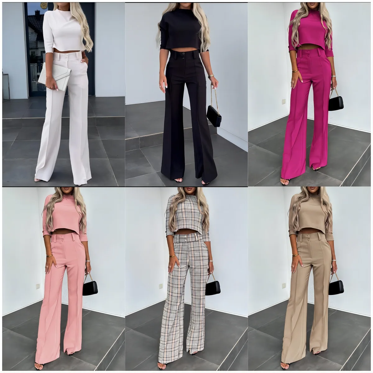 Half Sleeves Color Printed Two Piece Set Women Slim Cropped Top High Waist Long Pants Sets 2023 Spring Summer Fashion Streetwear