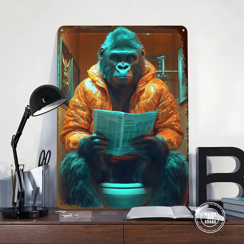 Gorilla Reading on Toilet Tinplate Posters Customizable Wall Art Retro Vintage Metal Signs for Home Room Decoration Gaming Cozy