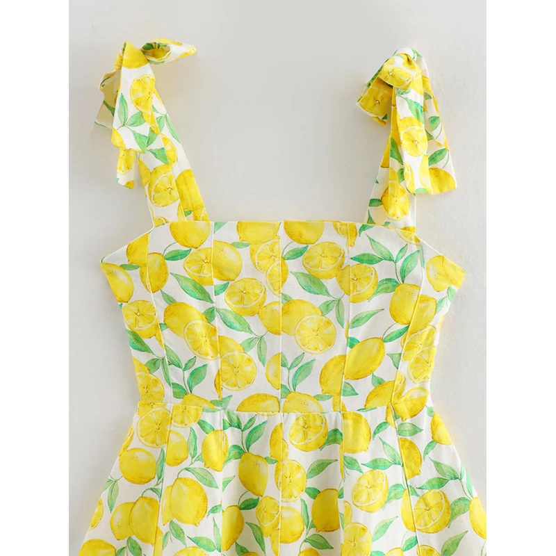 YENKYE Summer Women Sexy Sleeveless Lemon Print A-line Mini Sundress Holiday Vestidos