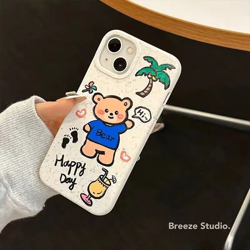 Cartoon Bear Blue Cloth Phone Cases for IPhone 11 12 13 14 Pro Max for IPhone Korean Vintage Phone Case Coconut Tree Windmill