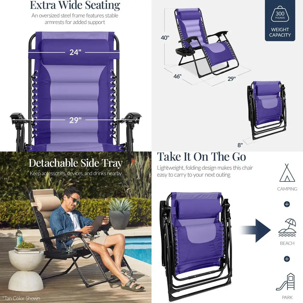 Extra Large Padded Zero Gravity Chair with Cup Holder and Side Tray, Outdoor Recliner in Purple Polyester Mesh