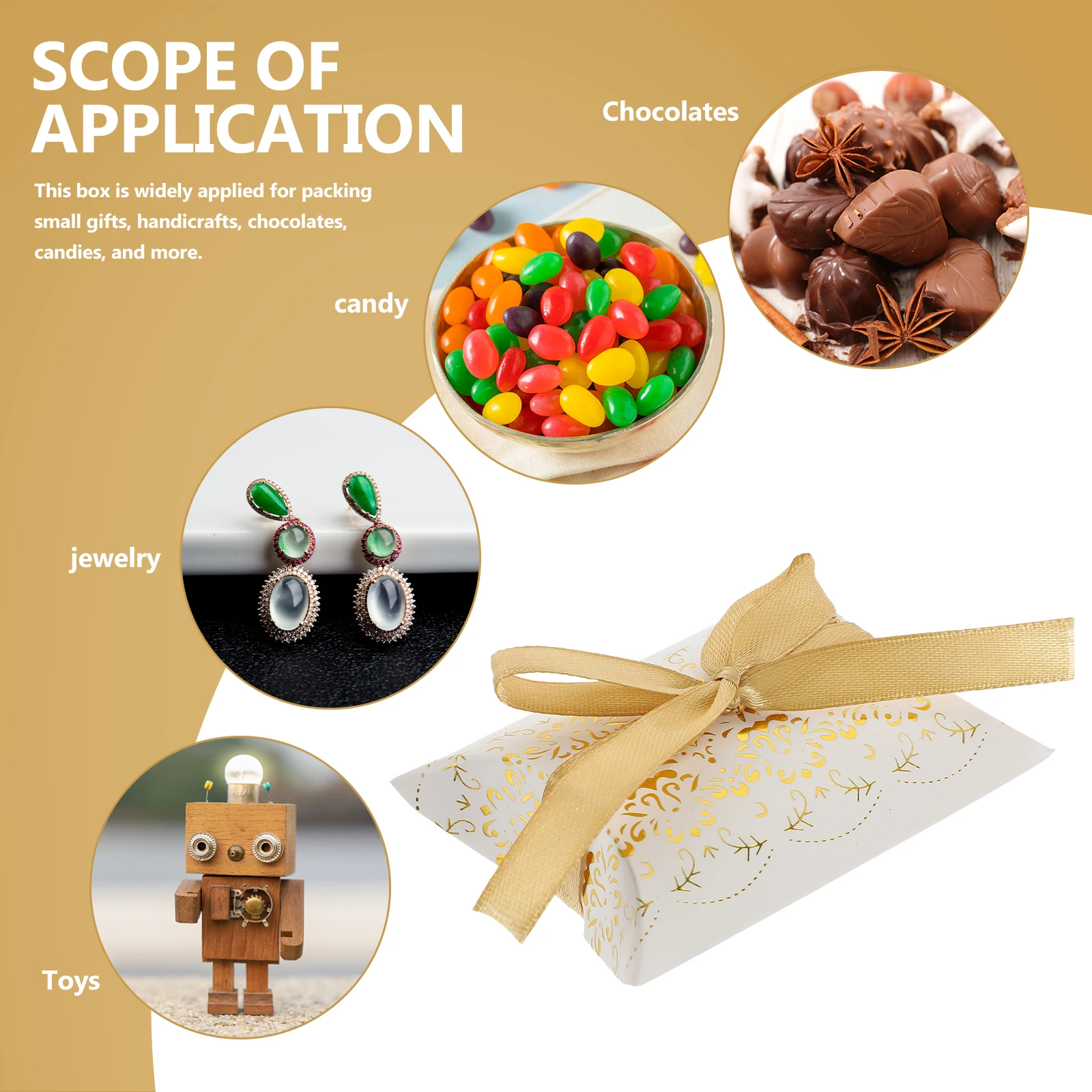 

50Pcs Gold Foil Patterned Gift Boxes Paper Pillow Shape Small Treats Containers for Weddings Birthdays Christmas Celebrations