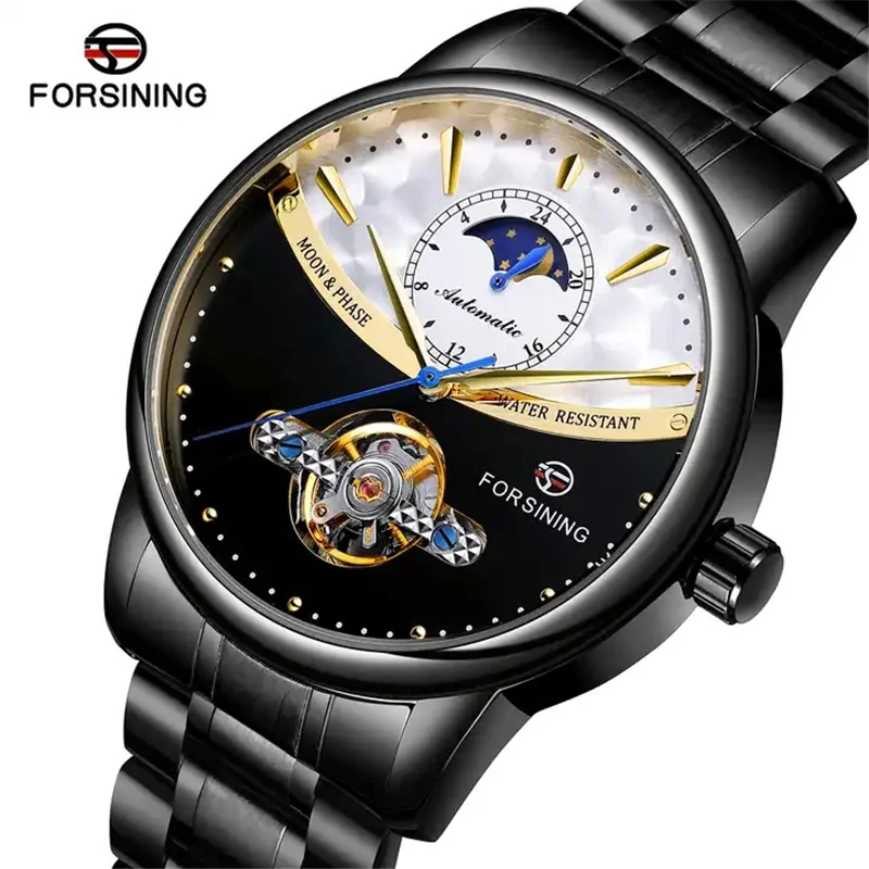 Forsining 339G Tourbillon Best Watch For Men Mechanical Wristwatches Fashion Moon Phase Dial Luxury Stainless Steel Strap