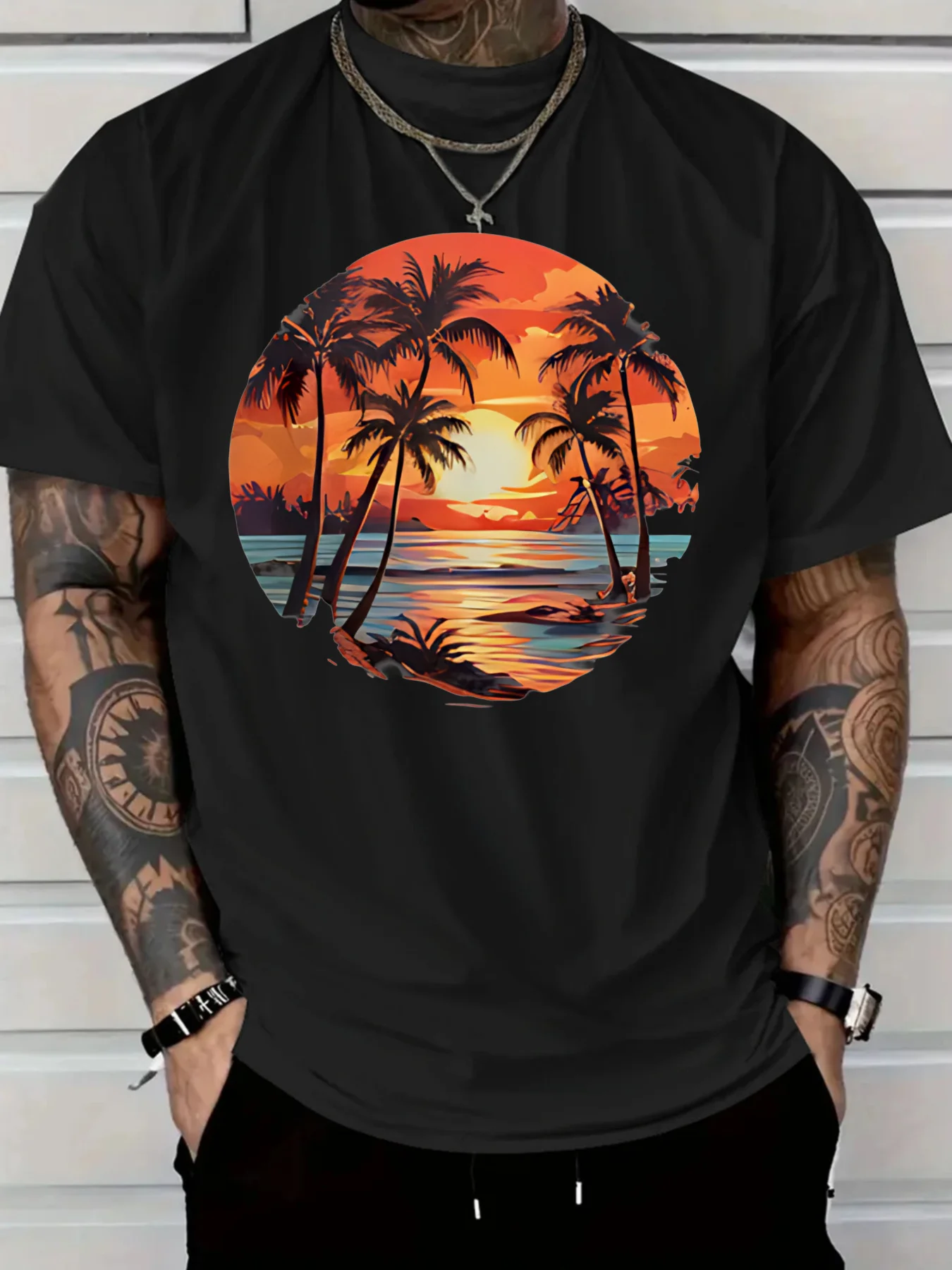 

Men'S Tropical Sunset Graphic T-Shirt - Red Short Sleeve Tee with Palm Tree Print Breathable and Comfort