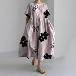 Cute Kitten Printed Dresses Women's New Fashion Big Size Short Sleeve Dresses Pockets Round Neck Women's Evening Party Gowns